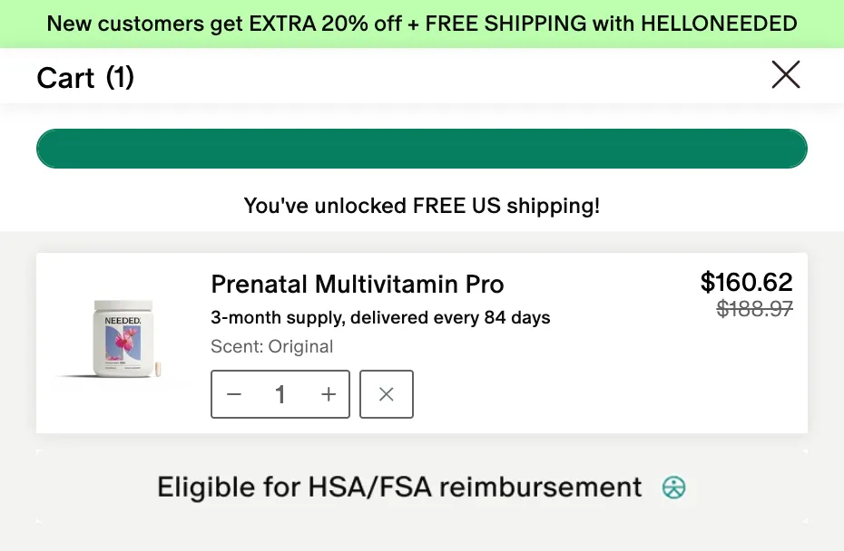 Needed cart drawer showing a free shipping progress bar and a subscription line item with its delivery schedule and quantity controls