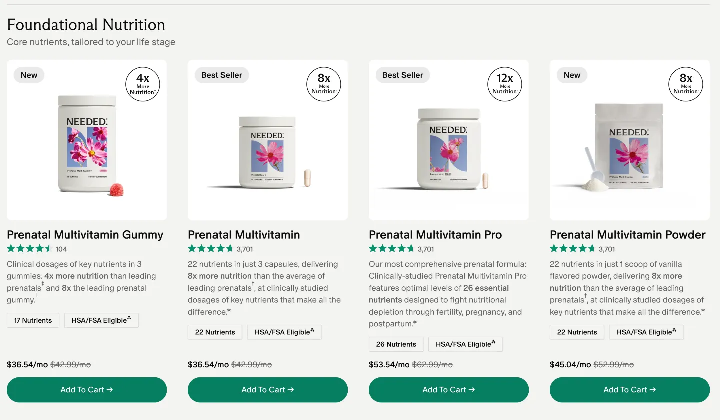 Needed collection page product cards showing monthly subscription prices and add to cart buttons