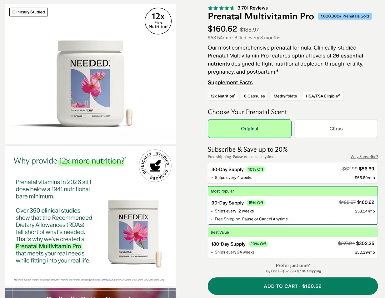 Needed product page with the product gallery on the left and the buy box on the right, showing a scent selector and subscription options for 30, 90, and 180 day supplies